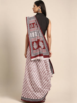 Off-White Maroon Printed Bagh Saree-Saree-Kalakari India-MRBASA0004-Bagh, Cotton, Geographical Indication, Hand Blocks, Hand Crafted, Heritage Prints, Natural Dyes, Sarees, Sustainable Fabrics-[Linen,Ethnic,wear,Fashionista,Handloom,Handicraft,Indigo,blockprint,block,print,Cotton,Chanderi,Blue, latest,classy,party,bollywood,trendy,summer,style,traditional,formal,elegant,unique,style,hand,block,print, dabu,booti,gift,present,glamorous,affordable,collectible,Sari,Saree,printed, holi, Diwali, birth