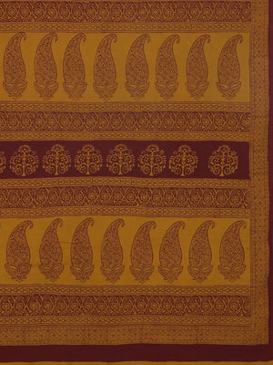 Brown Mustard Yellow Printed Bagh Saree-Saree-Kalakari India-MRBASA0005-Bagh, Cotton, Geographical Indication, Hand Blocks, Hand Crafted, Heritage Prints, Natural Dyes, Sarees, Sustainable Fabrics-[Linen,Ethnic,wear,Fashionista,Handloom,Handicraft,Indigo,blockprint,block,print,Cotton,Chanderi,Blue, latest,classy,party,bollywood,trendy,summer,style,traditional,formal,elegant,unique,style,hand,block,print, dabu,booti,gift,present,glamorous,affordable,collectible,Sari,Saree,printed, holi, Diwali, b