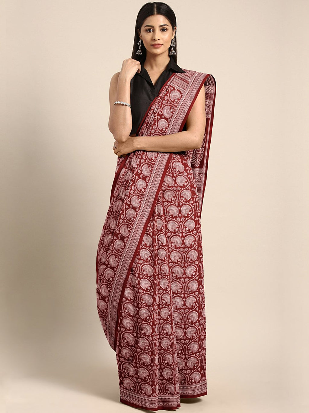 Maroon Off-White Handblock Print Bagh Saree-Saree-Kalakari India-MRBASA0008-Bagh, Cotton, Geographical Indication, Hand Blocks, Hand Crafted, Heritage Prints, Natural Dyes, Sarees, Sustainable Fabrics-[Linen,Ethnic,wear,Fashionista,Handloom,Handicraft,Indigo,blockprint,block,print,Cotton,Chanderi,Blue, latest,classy,party,bollywood,trendy,summer,style,traditional,formal,elegant,unique,style,hand,block,print, dabu,booti,gift,present,glamorous,affordable,collectible,Sari,Saree,printed, holi, Diwal