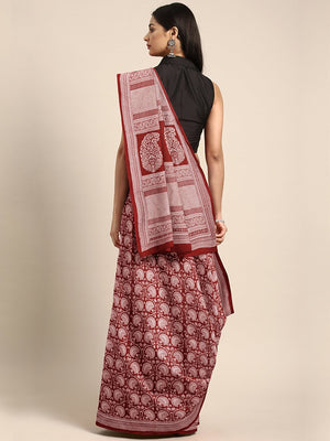 Maroon Off-White Handblock Print Bagh Saree-Saree-Kalakari India-MRBASA0008-Bagh, Cotton, Geographical Indication, Hand Blocks, Hand Crafted, Heritage Prints, Natural Dyes, Sarees, Sustainable Fabrics-[Linen,Ethnic,wear,Fashionista,Handloom,Handicraft,Indigo,blockprint,block,print,Cotton,Chanderi,Blue, latest,classy,party,bollywood,trendy,summer,style,traditional,formal,elegant,unique,style,hand,block,print, dabu,booti,gift,present,glamorous,affordable,collectible,Sari,Saree,printed, holi, Diwal