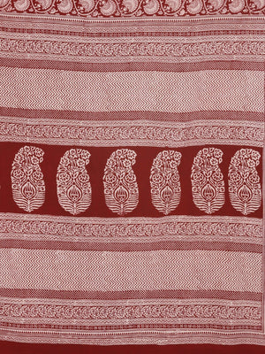 Maroon Off-White Handblock Print Bagh Saree-Saree-Kalakari India-MRBASA0008-Bagh, Cotton, Geographical Indication, Hand Blocks, Hand Crafted, Heritage Prints, Natural Dyes, Sarees, Sustainable Fabrics-[Linen,Ethnic,wear,Fashionista,Handloom,Handicraft,Indigo,blockprint,block,print,Cotton,Chanderi,Blue, latest,classy,party,bollywood,trendy,summer,style,traditional,formal,elegant,unique,style,hand,block,print, dabu,booti,gift,present,glamorous,affordable,collectible,Sari,Saree,printed, holi, Diwal