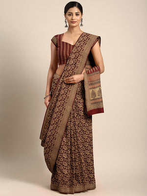 Brown Maroon Pure Cotton Handblock Print Bagh Saree-Saree-Kalakari India-MRBASA0009-Bagh, Cotton, Geographical Indication, Hand Blocks, Hand Crafted, Heritage Prints, Natural Dyes, Sarees, Sustainable Fabrics-[Linen,Ethnic,wear,Fashionista,Handloom,Handicraft,Indigo,blockprint,block,print,Cotton,Chanderi,Blue, latest,classy,party,bollywood,trendy,summer,style,traditional,formal,elegant,unique,style,hand,block,print, dabu,booti,gift,present,glamorous,affordable,collectible,Sari,Saree,printed, hol