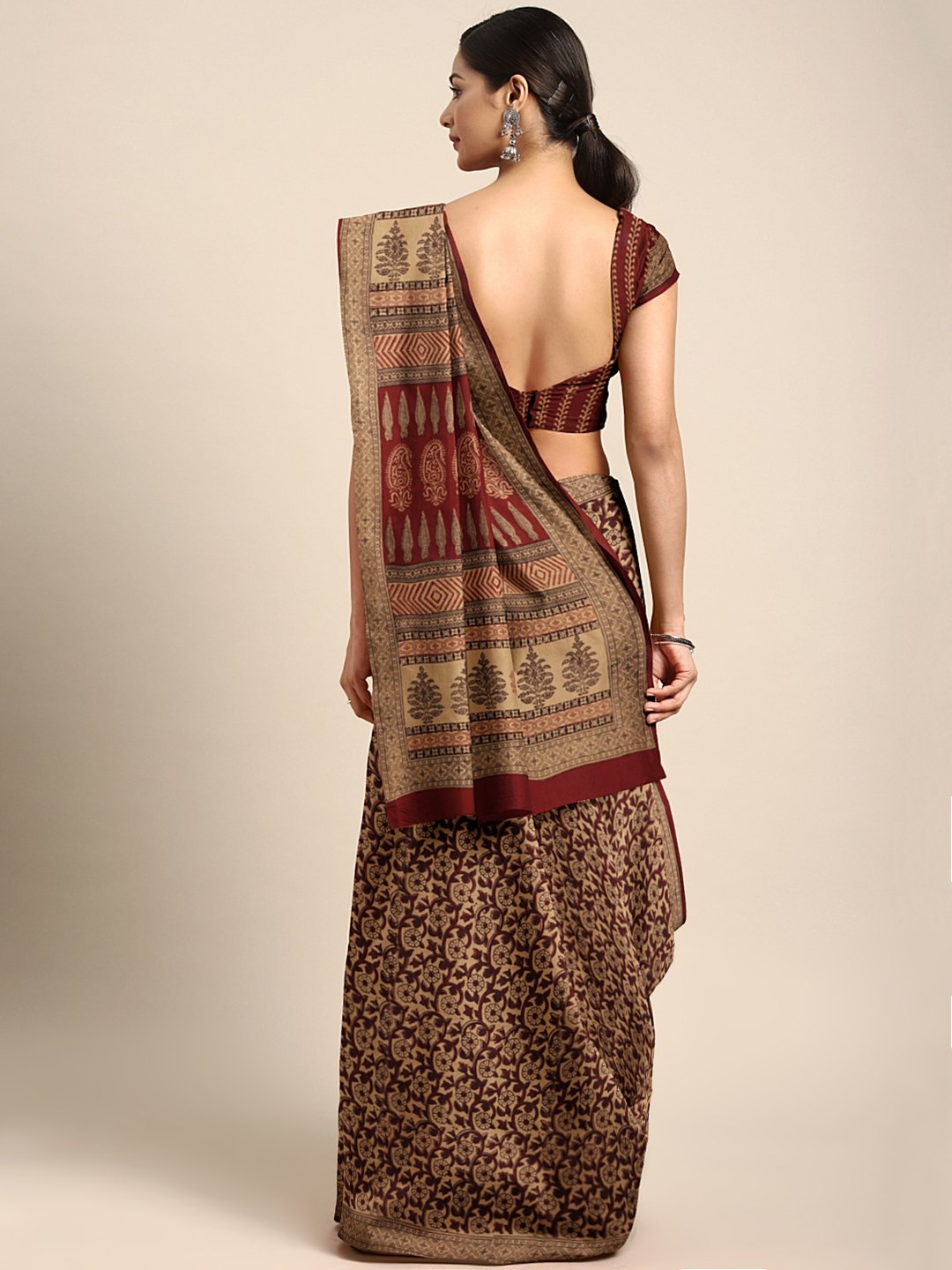 Brown Maroon Pure Cotton Handblock Print Bagh Saree-Saree-Kalakari India-MRBASA0009-Bagh, Cotton, Geographical Indication, Hand Blocks, Hand Crafted, Heritage Prints, Natural Dyes, Sarees, Sustainable Fabrics-[Linen,Ethnic,wear,Fashionista,Handloom,Handicraft,Indigo,blockprint,block,print,Cotton,Chanderi,Blue, latest,classy,party,bollywood,trendy,summer,style,traditional,formal,elegant,unique,style,hand,block,print, dabu,booti,gift,present,glamorous,affordable,collectible,Sari,Saree,printed, hol
