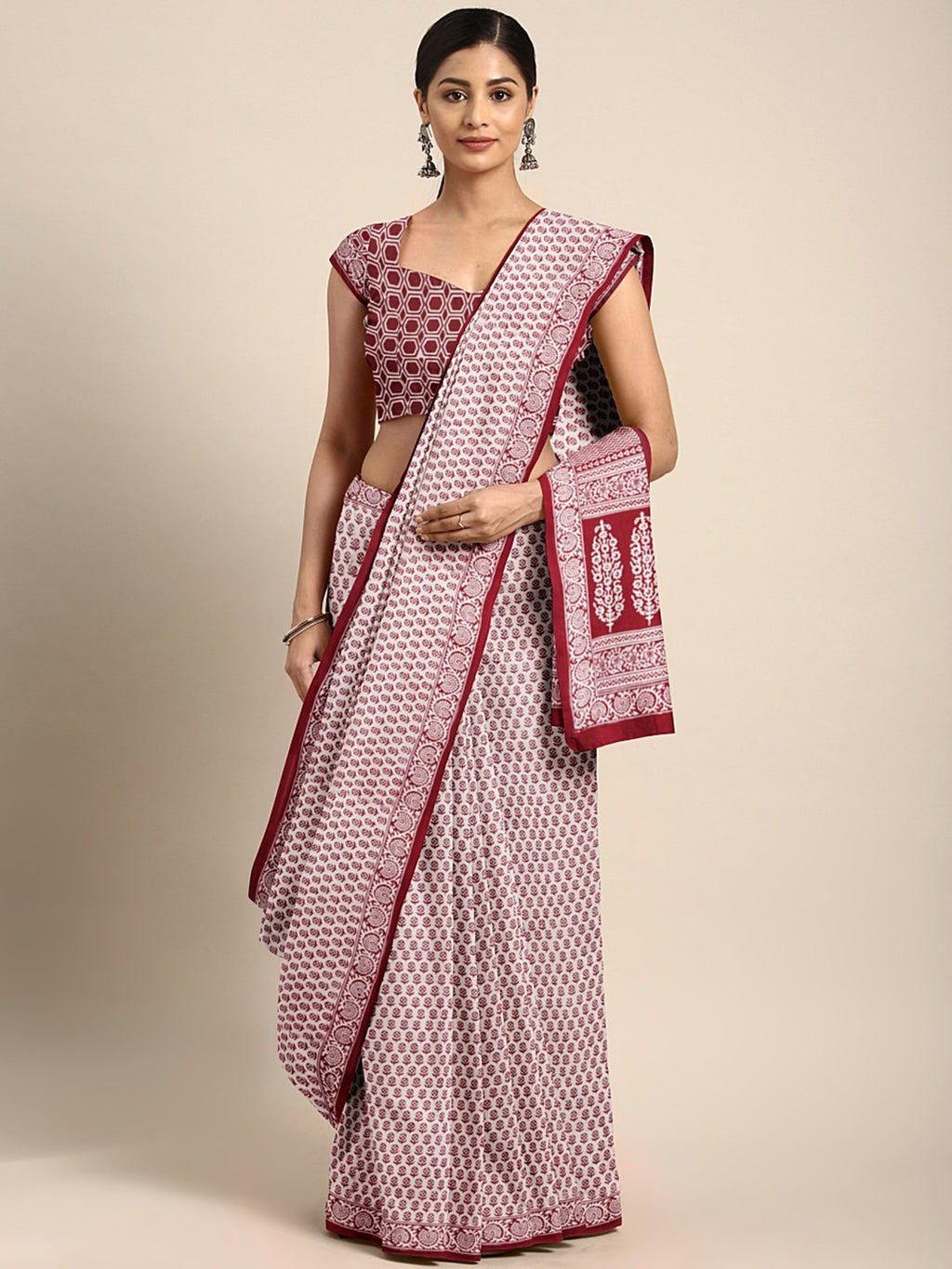 Off-White Maroon Pure Cotton Handblock Print Bagh Saree-Saree-Kalakari India-MRBASA0010-Bagh, Cotton, Geographical Indication, Hand Blocks, Hand Crafted, Heritage Prints, Natural Dyes, Sarees, Sustainable Fabrics-[Linen,Ethnic,wear,Fashionista,Handloom,Handicraft,Indigo,blockprint,block,print,Cotton,Chanderi,Blue, latest,classy,party,bollywood,trendy,summer,style,traditional,formal,elegant,unique,style,hand,block,print, dabu,booti,gift,present,glamorous,affordable,collectible,Sari,Saree,printed,