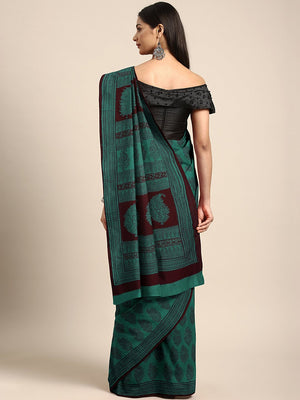Green Coffee Brown Handblock Print Bagh Saree-Saree-Kalakari India-MRBASA0011-Bagh, Cotton, Geographical Indication, Hand Blocks, Hand Crafted, Heritage Prints, Natural Dyes, Sarees, Sustainable Fabrics-[Linen,Ethnic,wear,Fashionista,Handloom,Handicraft,Indigo,blockprint,block,print,Cotton,Chanderi,Blue, latest,classy,party,bollywood,trendy,summer,style,traditional,formal,elegant,unique,style,hand,block,print, dabu,booti,gift,present,glamorous,affordable,collectible,Sari,Saree,printed, holi, Diw