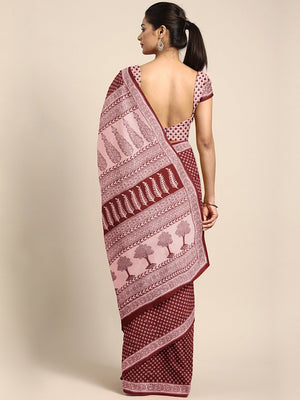 Maroon Pink Pure Cotton Handblock Print Bagh Saree-Saree-Kalakari India-MRBASA0012-Bagh, Cotton, Geographical Indication, Hand Blocks, Hand Crafted, Heritage Prints, Natural Dyes, Sarees, Sustainable Fabrics-[Linen,Ethnic,wear,Fashionista,Handloom,Handicraft,Indigo,blockprint,block,print,Cotton,Chanderi,Blue, latest,classy,party,bollywood,trendy,summer,style,traditional,formal,elegant,unique,style,hand,block,print, dabu,booti,gift,present,glamorous,affordable,collectible,Sari,Saree,printed, holi
