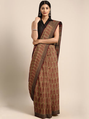Mustard Brown Maroon Pure Cotton Handblock Print Bagh Saree-Saree-Kalakari India-MRBASA0013-Bagh, Cotton, Geographical Indication, Hand Blocks, Hand Crafted, Heritage Prints, Natural Dyes, Sarees, Sustainable Fabrics-[Linen,Ethnic,wear,Fashionista,Handloom,Handicraft,Indigo,blockprint,block,print,Cotton,Chanderi,Blue, latest,classy,party,bollywood,trendy,summer,style,traditional,formal,elegant,unique,style,hand,block,print, dabu,booti,gift,present,glamorous,affordable,collectible,Sari,Saree,prin