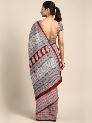 Maroon Off-White Pure Cotton Handblock Print Bagh Saree-Saree-Kalakari India-MRBASA0014-Bagh, Cotton, Geographical Indication, Hand Blocks, Hand Crafted, Heritage Prints, Natural Dyes, Sarees, Sustainable Fabrics-[Linen,Ethnic,wear,Fashionista,Handloom,Handicraft,Indigo,blockprint,block,print,Cotton,Chanderi,Blue, latest,classy,party,bollywood,trendy,summer,style,traditional,formal,elegant,unique,style,hand,block,print, dabu,booti,gift,present,glamorous,affordable,collectible,Sari,Saree,printed,