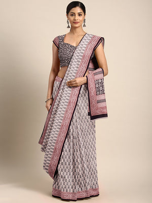 Off-White Black Handblock Print Bagh Saree-Saree-Kalakari India-MRBASA0016-Bagh, Cotton, Geographical Indication, Hand Blocks, Hand Crafted, Heritage Prints, Natural Dyes, Sarees, Sustainable Fabrics-[Linen,Ethnic,wear,Fashionista,Handloom,Handicraft,Indigo,blockprint,block,print,Cotton,Chanderi,Blue, latest,classy,party,bollywood,trendy,summer,style,traditional,formal,elegant,unique,style,hand,block,print, dabu,booti,gift,present,glamorous,affordable,collectible,Sari,Saree,printed, holi, Diwali
