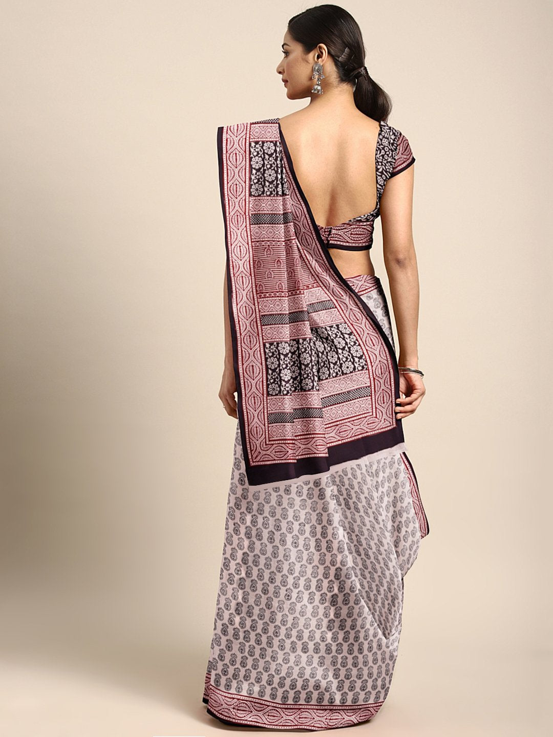 Off-White Black Handblock Print Bagh Saree-Saree-Kalakari India-MRBASA0016-Bagh, Cotton, Geographical Indication, Hand Blocks, Hand Crafted, Heritage Prints, Natural Dyes, Sarees, Sustainable Fabrics-[Linen,Ethnic,wear,Fashionista,Handloom,Handicraft,Indigo,blockprint,block,print,Cotton,Chanderi,Blue, latest,classy,party,bollywood,trendy,summer,style,traditional,formal,elegant,unique,style,hand,block,print, dabu,booti,gift,present,glamorous,affordable,collectible,Sari,Saree,printed, holi, Diwali