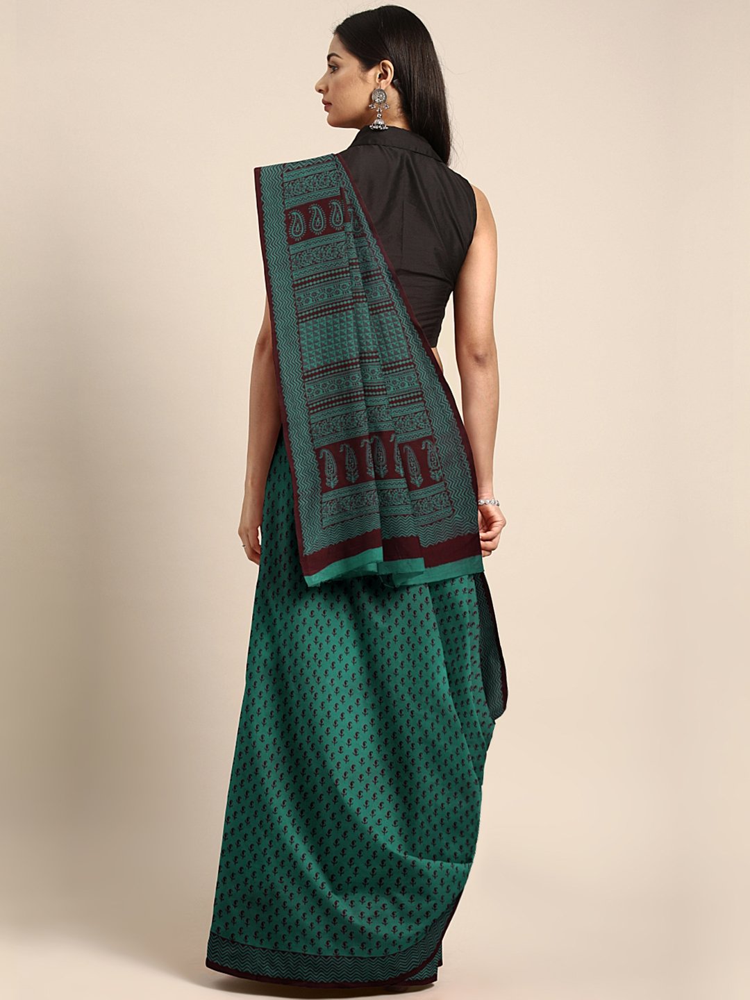 Green Coffee Brown Handblock Print Bagh Saree-Saree-Kalakari India-MRBASA0018-Bagh, Cotton, Geographical Indication, Hand Blocks, Hand Crafted, Heritage Prints, Natural Dyes, Sarees, Sustainable Fabrics-[Linen,Ethnic,wear,Fashionista,Handloom,Handicraft,Indigo,blockprint,block,print,Cotton,Chanderi,Blue, latest,classy,party,bollywood,trendy,summer,style,traditional,formal,elegant,unique,style,hand,block,print, dabu,booti,gift,present,glamorous,affordable,collectible,Sari,Saree,printed, holi, Diw