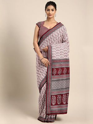 Off-White Maroon Pure Cotton Handblock Print Bagh Saree-Saree-Kalakari India-MRBASA0019-Bagh, Cotton, Geographical Indication, Hand Blocks, Hand Crafted, Heritage Prints, Natural Dyes, Sarees, Sustainable Fabrics-[Linen,Ethnic,wear,Fashionista,Handloom,Handicraft,Indigo,blockprint,block,print,Cotton,Chanderi,Blue, latest,classy,party,bollywood,trendy,summer,style,traditional,formal,elegant,unique,style,hand,block,print, dabu,booti,gift,present,glamorous,affordable,collectible,Sari,Saree,printed,