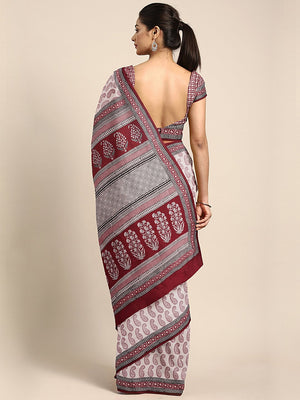 Off-White Maroon Pure Cotton Handblock Print Bagh Saree-Saree-Kalakari India-MRBASA0019-Bagh, Cotton, Geographical Indication, Hand Blocks, Hand Crafted, Heritage Prints, Natural Dyes, Sarees, Sustainable Fabrics-[Linen,Ethnic,wear,Fashionista,Handloom,Handicraft,Indigo,blockprint,block,print,Cotton,Chanderi,Blue, latest,classy,party,bollywood,trendy,summer,style,traditional,formal,elegant,unique,style,hand,block,print, dabu,booti,gift,present,glamorous,affordable,collectible,Sari,Saree,printed,