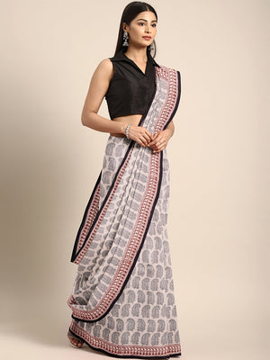 Off-White Black Printed Bagh Saree-Saree-Kalakari India-MRBASA0020-Bagh, Cotton, Geographical Indication, Hand Blocks, Hand Crafted, Heritage Prints, Natural Dyes, Sarees, Sustainable Fabrics-[Linen,Ethnic,wear,Fashionista,Handloom,Handicraft,Indigo,blockprint,block,print,Cotton,Chanderi,Blue, latest,classy,party,bollywood,trendy,summer,style,traditional,formal,elegant,unique,style,hand,block,print, dabu,booti,gift,present,glamorous,affordable,collectible,Sari,Saree,printed, holi, Diwali, birthd