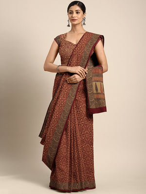 Brown Maroon Pure Cotton Handblock Print Bagh Saree-Saree-Kalakari India-MRBASA0022-Bagh, Cotton, Geographical Indication, Hand Blocks, Hand Crafted, Heritage Prints, Natural Dyes, Sarees, Sustainable Fabrics-[Linen,Ethnic,wear,Fashionista,Handloom,Handicraft,Indigo,blockprint,block,print,Cotton,Chanderi,Blue, latest,classy,party,bollywood,trendy,summer,style,traditional,formal,elegant,unique,style,hand,block,print, dabu,booti,gift,present,glamorous,affordable,collectible,Sari,Saree,printed, hol