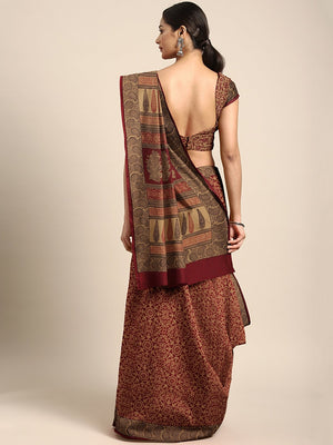 Brown Maroon Pure Cotton Handblock Print Bagh Saree-Saree-Kalakari India-MRBASA0022-Bagh, Cotton, Geographical Indication, Hand Blocks, Hand Crafted, Heritage Prints, Natural Dyes, Sarees, Sustainable Fabrics-[Linen,Ethnic,wear,Fashionista,Handloom,Handicraft,Indigo,blockprint,block,print,Cotton,Chanderi,Blue, latest,classy,party,bollywood,trendy,summer,style,traditional,formal,elegant,unique,style,hand,block,print, dabu,booti,gift,present,glamorous,affordable,collectible,Sari,Saree,printed, hol