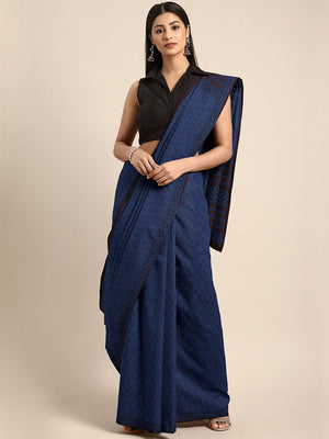 Navy Blue Coffee Brown Handblock Print Bagh Saree-Saree-Kalakari India-MRBASA0023-Bagh, Cotton, Geographical Indication, Hand Blocks, Hand Crafted, Heritage Prints, Natural Dyes, Sarees, Sustainable Fabrics-[Linen,Ethnic,wear,Fashionista,Handloom,Handicraft,Indigo,blockprint,block,print,Cotton,Chanderi,Blue, latest,classy,party,bollywood,trendy,summer,style,traditional,formal,elegant,unique,style,hand,block,print, dabu,booti,gift,present,glamorous,affordable,collectible,Sari,Saree,printed, holi,