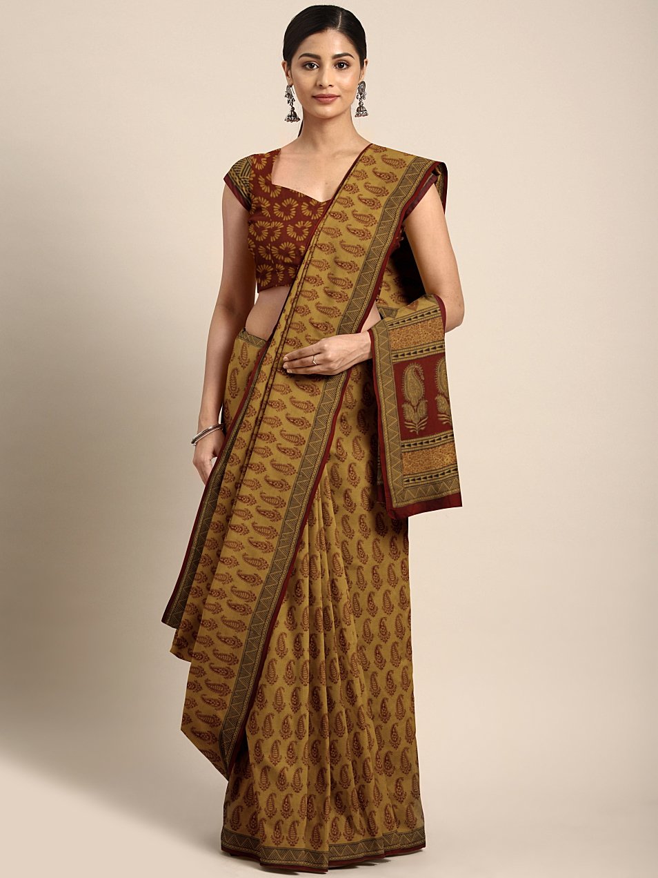 Mustard Maroon Handblock Print Bagh Saree-Saree-Kalakari India-MRBASA0026-Bagh, Cotton, Geographical Indication, Hand Blocks, Hand Crafted, Heritage Prints, Natural Dyes, Sarees, Sustainable Fabrics-[Linen,Ethnic,wear,Fashionista,Handloom,Handicraft,Indigo,blockprint,block,print,Cotton,Chanderi,Blue, latest,classy,party,bollywood,trendy,summer,style,traditional,formal,elegant,unique,style,hand,block,print, dabu,booti,gift,present,glamorous,affordable,collectible,Sari,Saree,printed, holi, Diwali,