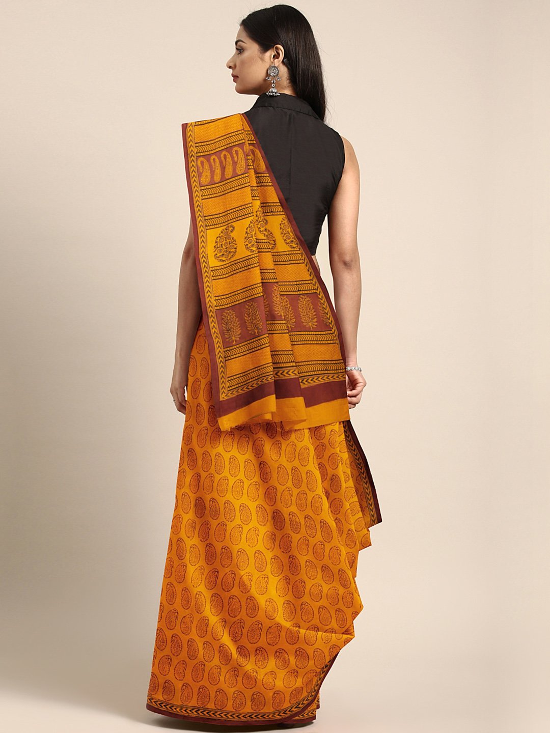 Yellow Maroon Printed Saree-Saree-Kalakari India-MYBASA0003-Bagh, Cotton, Geographical Indication, Hand Blocks, Hand Crafted, Heritage Prints, Natural Dyes, Sarees, Sustainable Fabrics-[Linen,Ethnic,wear,Fashionista,Handloom,Handicraft,Indigo,blockprint,block,print,Cotton,Chanderi,Blue, latest,classy,party,bollywood,trendy,summer,style,traditional,formal,elegant,unique,style,hand,block,print, dabu,booti,gift,present,glamorous,affordable,collectible,Sari,Saree,printed, holi, Diwali, birthday, ann