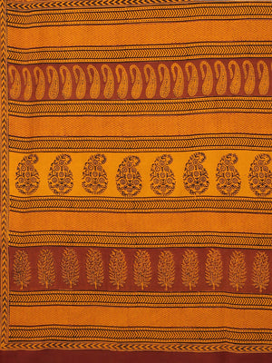 Yellow Maroon Printed Saree-Saree-Kalakari India-MYBASA0003-Bagh, Cotton, Geographical Indication, Hand Blocks, Hand Crafted, Heritage Prints, Natural Dyes, Sarees, Sustainable Fabrics-[Linen,Ethnic,wear,Fashionista,Handloom,Handicraft,Indigo,blockprint,block,print,Cotton,Chanderi,Blue, latest,classy,party,bollywood,trendy,summer,style,traditional,formal,elegant,unique,style,hand,block,print, dabu,booti,gift,present,glamorous,affordable,collectible,Sari,Saree,printed, holi, Diwali, birthday, ann