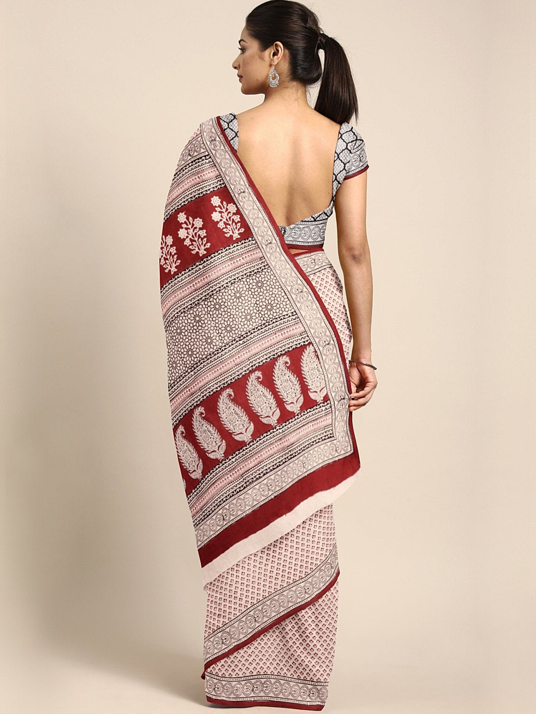 Pink Maroon Handblock Print Saree-Saree-Kalakari India-MYBASA0004-Bagh, Cotton, Geographical Indication, Hand Blocks, Hand Crafted, Heritage Prints, Natural Dyes, Sarees, Sustainable Fabrics-[Linen,Ethnic,wear,Fashionista,Handloom,Handicraft,Indigo,blockprint,block,print,Cotton,Chanderi,Blue, latest,classy,party,bollywood,trendy,summer,style,traditional,formal,elegant,unique,style,hand,block,print, dabu,booti,gift,present,glamorous,affordable,collectible,Sari,Saree,printed, holi, Diwali, birthda
