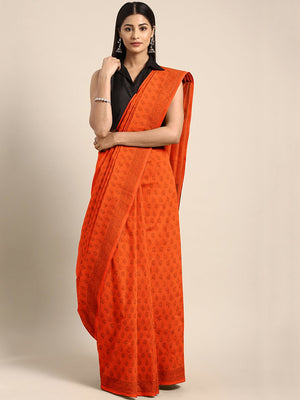 Orange Printed Bagh Handblock Print Saree-Saree-Kalakari India-MYBASA0006-Bagh, Cotton, Geographical Indication, Hand Blocks, Hand Crafted, Heritage Prints, Natural Dyes, Sarees, Sustainable Fabrics-[Linen,Ethnic,wear,Fashionista,Handloom,Handicraft,Indigo,blockprint,block,print,Cotton,Chanderi,Blue, latest,classy,party,bollywood,trendy,summer,style,traditional,formal,elegant,unique,style,hand,block,print, dabu,booti,gift,present,glamorous,affordable,collectible,Sari,Saree,printed, holi, Diwali,