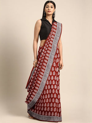 Rust Brown Off-White Handblock Print Saree-Saree-Kalakari India-MYBASA0008-Bagh, Cotton, Geographical Indication, Hand Blocks, Hand Crafted, Heritage Prints, Natural Dyes, Sarees, Sustainable Fabrics-[Linen,Ethnic,wear,Fashionista,Handloom,Handicraft,Indigo,blockprint,block,print,Cotton,Chanderi,Blue, latest,classy,party,bollywood,trendy,summer,style,traditional,formal,elegant,unique,style,hand,block,print, dabu,booti,gift,present,glamorous,affordable,collectible,Sari,Saree,printed, holi, Diwali