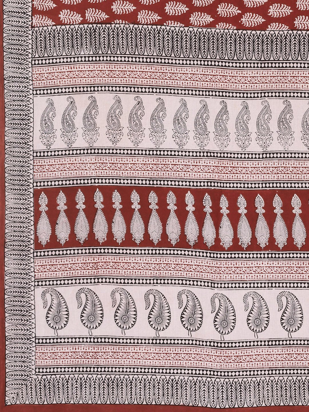 Rust Brown Off-White Handblock Print Saree-Saree-Kalakari India-MYBASA0008-Bagh, Cotton, Geographical Indication, Hand Blocks, Hand Crafted, Heritage Prints, Natural Dyes, Sarees, Sustainable Fabrics-[Linen,Ethnic,wear,Fashionista,Handloom,Handicraft,Indigo,blockprint,block,print,Cotton,Chanderi,Blue, latest,classy,party,bollywood,trendy,summer,style,traditional,formal,elegant,unique,style,hand,block,print, dabu,booti,gift,present,glamorous,affordable,collectible,Sari,Saree,printed, holi, Diwali