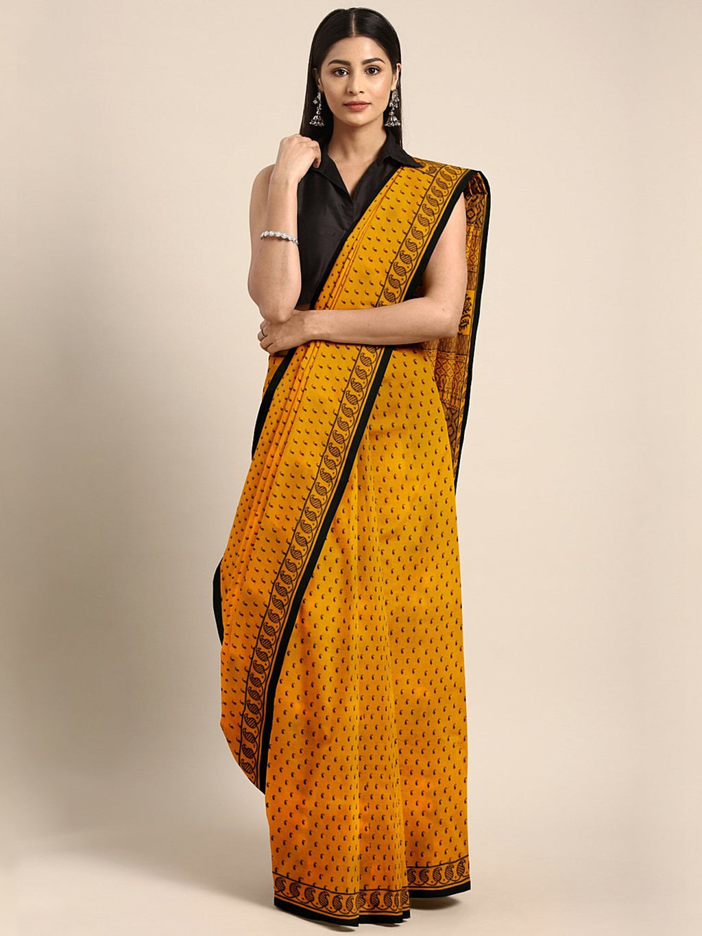 Mustard Yellow Black Bagh Handblock Print Saree-Saree-Kalakari India-MYBASA0017-Bagh, Cotton, Geographical Indication, Hand Blocks, Hand Crafted, Heritage Prints, Natural Dyes, Sarees, Sustainable Fabrics-[Linen,Ethnic,wear,Fashionista,Handloom,Handicraft,Indigo,blockprint,block,print,Cotton,Chanderi,Blue, latest,classy,party,bollywood,trendy,summer,style,traditional,formal,elegant,unique,style,hand,block,print, dabu,booti,gift,present,glamorous,affordable,collectible,Sari,Saree,printed, holi, D