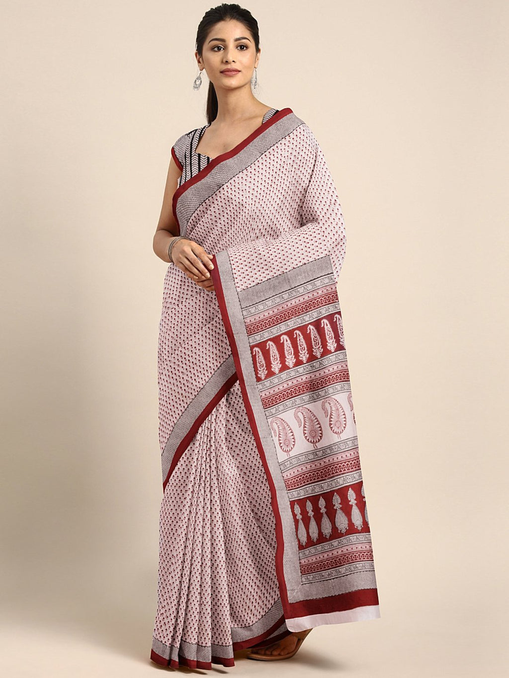 Peach-Coloured Maroon Pure Cotton Printed Saree-Saree-Kalakari India-MYBASA0024-Bagh, Cotton, Geographical Indication, Hand Blocks, Hand Crafted, Heritage Prints, Natural Dyes, Sarees, Sustainable Fabrics-[Linen,Ethnic,wear,Fashionista,Handloom,Handicraft,Indigo,blockprint,block,print,Cotton,Chanderi,Blue, latest,classy,party,bollywood,trendy,summer,style,traditional,formal,elegant,unique,style,hand,block,print, dabu,booti,gift,present,glamorous,affordable,collectible,Sari,Saree,printed, holi, D