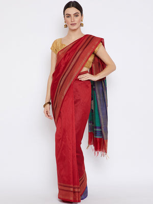 Red and Blue Tussar Woven Design Handloom Saree-Saree-Kalakari India-PRTUSA0003-Ahimsa Silk, Chattisgarh Kosa, Cruelty Free, Geographical Indication, Hand Woven, Sarees, Silk, Sustainable Fabrics, Traditional Weave, Tussar-[Linen,Ethnic,wear,Fashionista,Handloom,Handicraft,Indigo,blockprint,block,print,Cotton,Chanderi,Blue, latest,classy,party,bollywood,trendy,summer,style,traditional,formal,elegant,unique,style,hand,block,print, dabu,booti,gift,present,glamorous,affordable,collectible,Sari,Sare