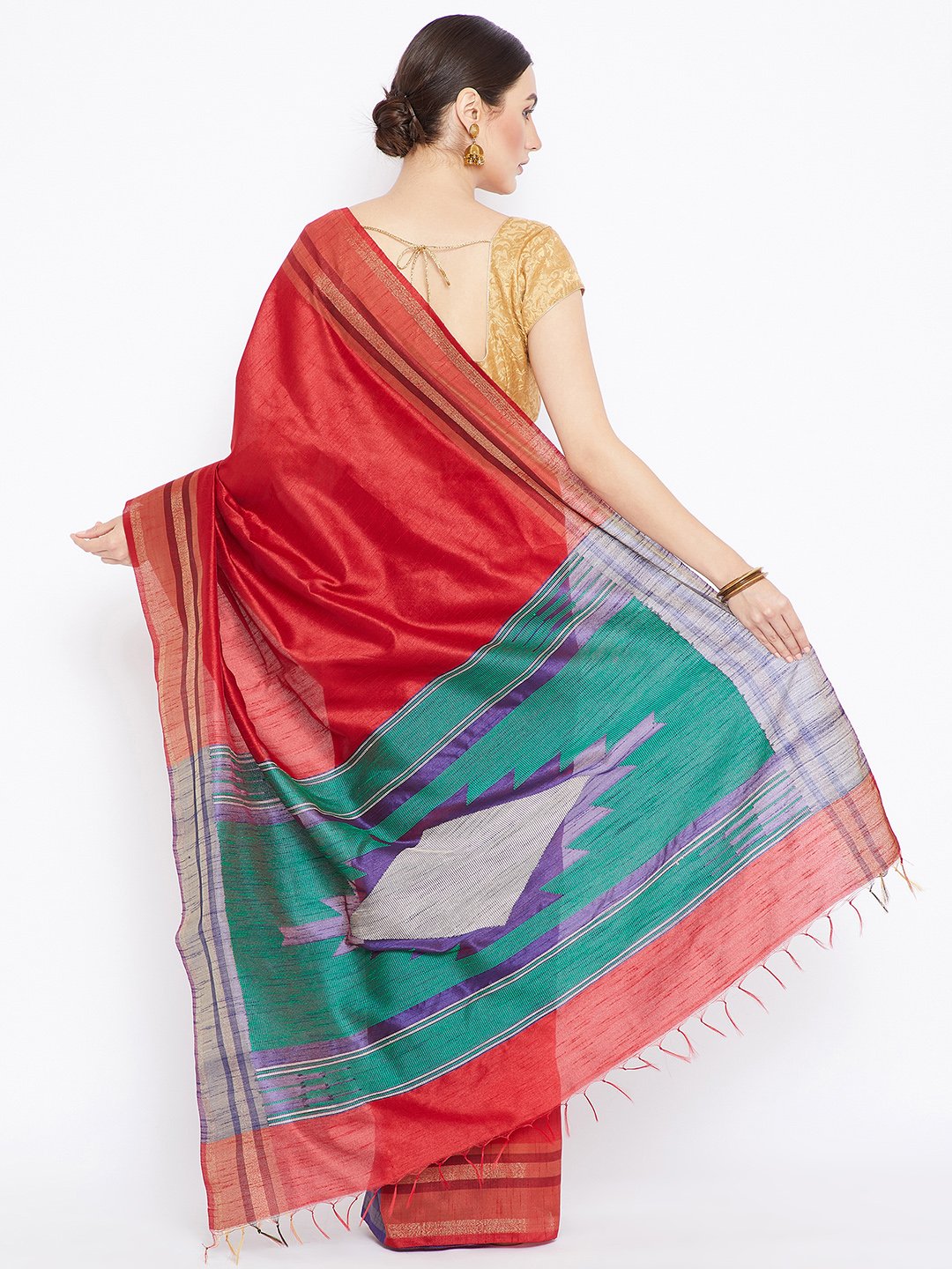 Red and Blue Tussar Woven Design Handloom Saree-Saree-Kalakari India-PRTUSA0003-Ahimsa Silk, Chattisgarh Kosa, Cruelty Free, Geographical Indication, Hand Woven, Sarees, Silk, Sustainable Fabrics, Traditional Weave, Tussar-[Linen,Ethnic,wear,Fashionista,Handloom,Handicraft,Indigo,blockprint,block,print,Cotton,Chanderi,Blue, latest,classy,party,bollywood,trendy,summer,style,traditional,formal,elegant,unique,style,hand,block,print, dabu,booti,gift,present,glamorous,affordable,collectible,Sari,Sare