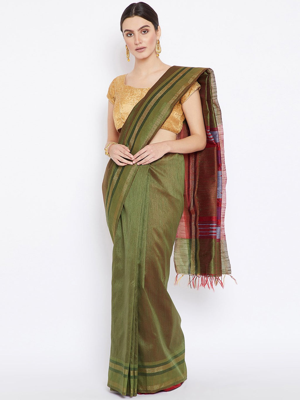 Green and Pink Tussar Woven Design Handloom Saree-Saree-Kalakari India-PRTUSA0004-Ahimsa Silk, Chattisgarh Kosa, Cruelty Free, Geographical Indication, Hand Woven, Sarees, Silk, Sustainable Fabrics, Traditional Weave, Tussar-[Linen,Ethnic,wear,Fashionista,Handloom,Handicraft,Indigo,blockprint,block,print,Cotton,Chanderi,Blue, latest,classy,party,bollywood,trendy,summer,style,traditional,formal,elegant,unique,style,hand,block,print, dabu,booti,gift,present,glamorous,affordable,collectible,Sari,Sa