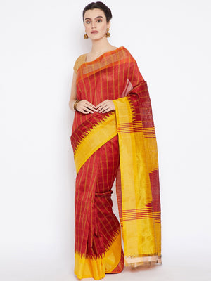 Red and Yellow Tussar Woven Design Handloom Saree-Saree-Kalakari India-PRTUSA0005-Ahimsa Silk, Chattisgarh Kosa, Cruelty Free, Geographical Indication, Hand Woven, Sarees, Silk, Sustainable Fabrics, Traditional Weave, Tussar-[Linen,Ethnic,wear,Fashionista,Handloom,Handicraft,Indigo,blockprint,block,print,Cotton,Chanderi,Blue, latest,classy,party,bollywood,trendy,summer,style,traditional,formal,elegant,unique,style,hand,block,print, dabu,booti,gift,present,glamorous,affordable,collectible,Sari,Sa