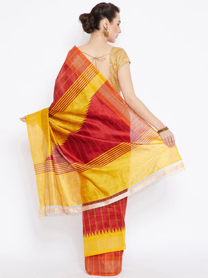 Red and Yellow Tussar Woven Design Handloom Saree-Saree-Kalakari India-PRTUSA0005-Ahimsa Silk, Chattisgarh Kosa, Cruelty Free, Geographical Indication, Hand Woven, Sarees, Silk, Sustainable Fabrics, Traditional Weave, Tussar-[Linen,Ethnic,wear,Fashionista,Handloom,Handicraft,Indigo,blockprint,block,print,Cotton,Chanderi,Blue, latest,classy,party,bollywood,trendy,summer,style,traditional,formal,elegant,unique,style,hand,block,print, dabu,booti,gift,present,glamorous,affordable,collectible,Sari,Sa