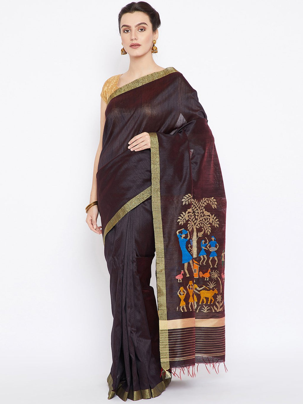 Coffee Brown and Gold-coloured Tussar Woven Design Handloom Saree-Saree-Kalakari India-PRTUSA0006-Ahimsa Silk, Chattisgarh Kosa, Cruelty Free, Geographical Indication, Hand Woven, Sarees, Silk, Sustainable Fabrics, Traditional Weave, Tussar-[Linen,Ethnic,wear,Fashionista,Handloom,Handicraft,Indigo,blockprint,block,print,Cotton,Chanderi,Blue, latest,classy,party,bollywood,trendy,summer,style,traditional,formal,elegant,unique,style,hand,block,print, dabu,booti,gift,present,glamorous,affordable,col