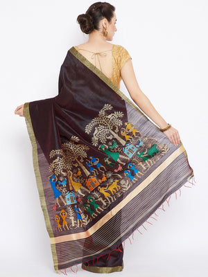 Coffee Brown and Gold-coloured Tussar Woven Design Handloom Saree-Saree-Kalakari India-PRTUSA0006-Ahimsa Silk, Chattisgarh Kosa, Cruelty Free, Geographical Indication, Hand Woven, Sarees, Silk, Sustainable Fabrics, Traditional Weave, Tussar-[Linen,Ethnic,wear,Fashionista,Handloom,Handicraft,Indigo,blockprint,block,print,Cotton,Chanderi,Blue, latest,classy,party,bollywood,trendy,summer,style,traditional,formal,elegant,unique,style,hand,block,print, dabu,booti,gift,present,glamorous,affordable,col