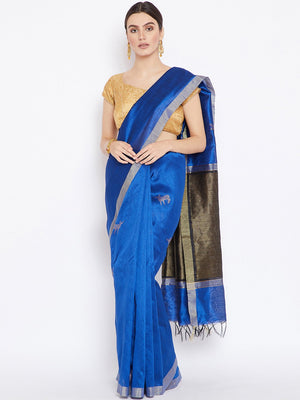 Blue and Grey Tussar Woven Design Handloom Saree-Saree-Kalakari India-PRTUSA0007-Ahimsa Silk, Chattisgarh Kosa, Cruelty Free, Geographical Indication, Hand Woven, Sarees, Silk, Sustainable Fabrics, Traditional Weave, Tussar-[Linen,Ethnic,wear,Fashionista,Handloom,Handicraft,Indigo,blockprint,block,print,Cotton,Chanderi,Blue, latest,classy,party,bollywood,trendy,summer,style,traditional,formal,elegant,unique,style,hand,block,print, dabu,booti,gift,present,glamorous,affordable,collectible,Sari,Sar