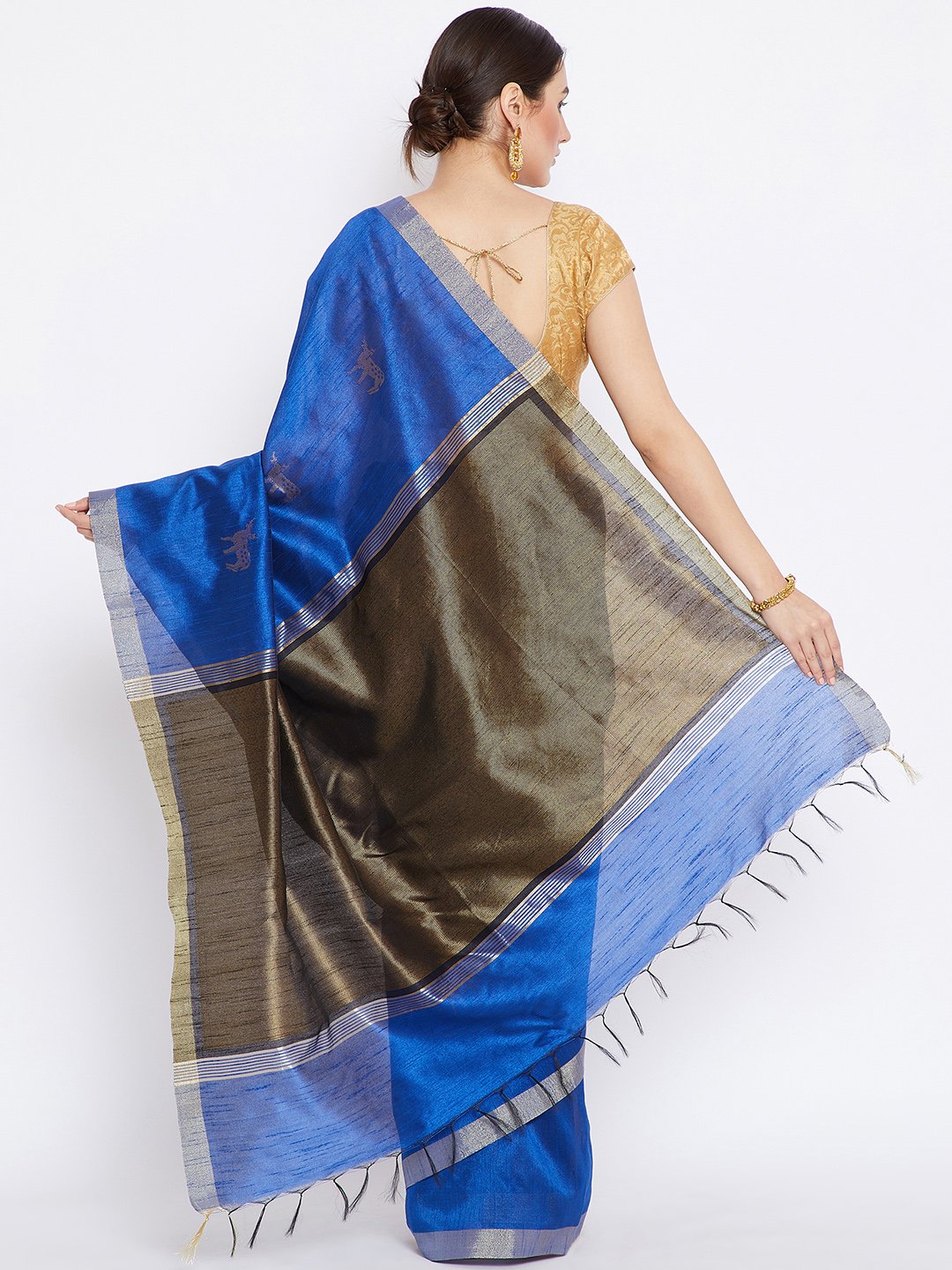 Blue and Grey Tussar Woven Design Handloom Saree-Saree-Kalakari India-PRTUSA0007-Ahimsa Silk, Chattisgarh Kosa, Cruelty Free, Geographical Indication, Hand Woven, Sarees, Silk, Sustainable Fabrics, Traditional Weave, Tussar-[Linen,Ethnic,wear,Fashionista,Handloom,Handicraft,Indigo,blockprint,block,print,Cotton,Chanderi,Blue, latest,classy,party,bollywood,trendy,summer,style,traditional,formal,elegant,unique,style,hand,block,print, dabu,booti,gift,present,glamorous,affordable,collectible,Sari,Sar