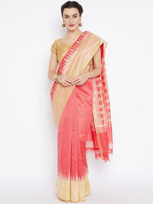 Peach and Gold-Coloured Tussar Woven Design Handloom Saree-Saree-Kalakari India-PRTUSA0008-Ahimsa Silk, Chattisgarh Kosa, Cruelty Free, Geographical Indication, Hand Woven, Sarees, Silk, Sustainable Fabrics, Traditional Weave, Tussar-[Linen,Ethnic,wear,Fashionista,Handloom,Handicraft,Indigo,blockprint,block,print,Cotton,Chanderi,Blue, latest,classy,party,bollywood,trendy,summer,style,traditional,formal,elegant,unique,style,hand,block,print, dabu,booti,gift,present,glamorous,affordable,collectibl