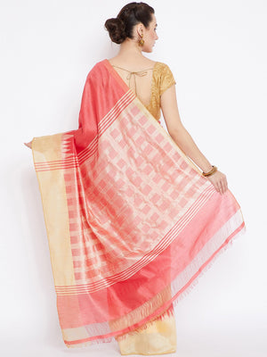 Peach and Gold-Coloured Tussar Woven Design Handloom Saree-Saree-Kalakari India-PRTUSA0008-Ahimsa Silk, Chattisgarh Kosa, Cruelty Free, Geographical Indication, Hand Woven, Sarees, Silk, Sustainable Fabrics, Traditional Weave, Tussar-[Linen,Ethnic,wear,Fashionista,Handloom,Handicraft,Indigo,blockprint,block,print,Cotton,Chanderi,Blue, latest,classy,party,bollywood,trendy,summer,style,traditional,formal,elegant,unique,style,hand,block,print, dabu,booti,gift,present,glamorous,affordable,collectibl