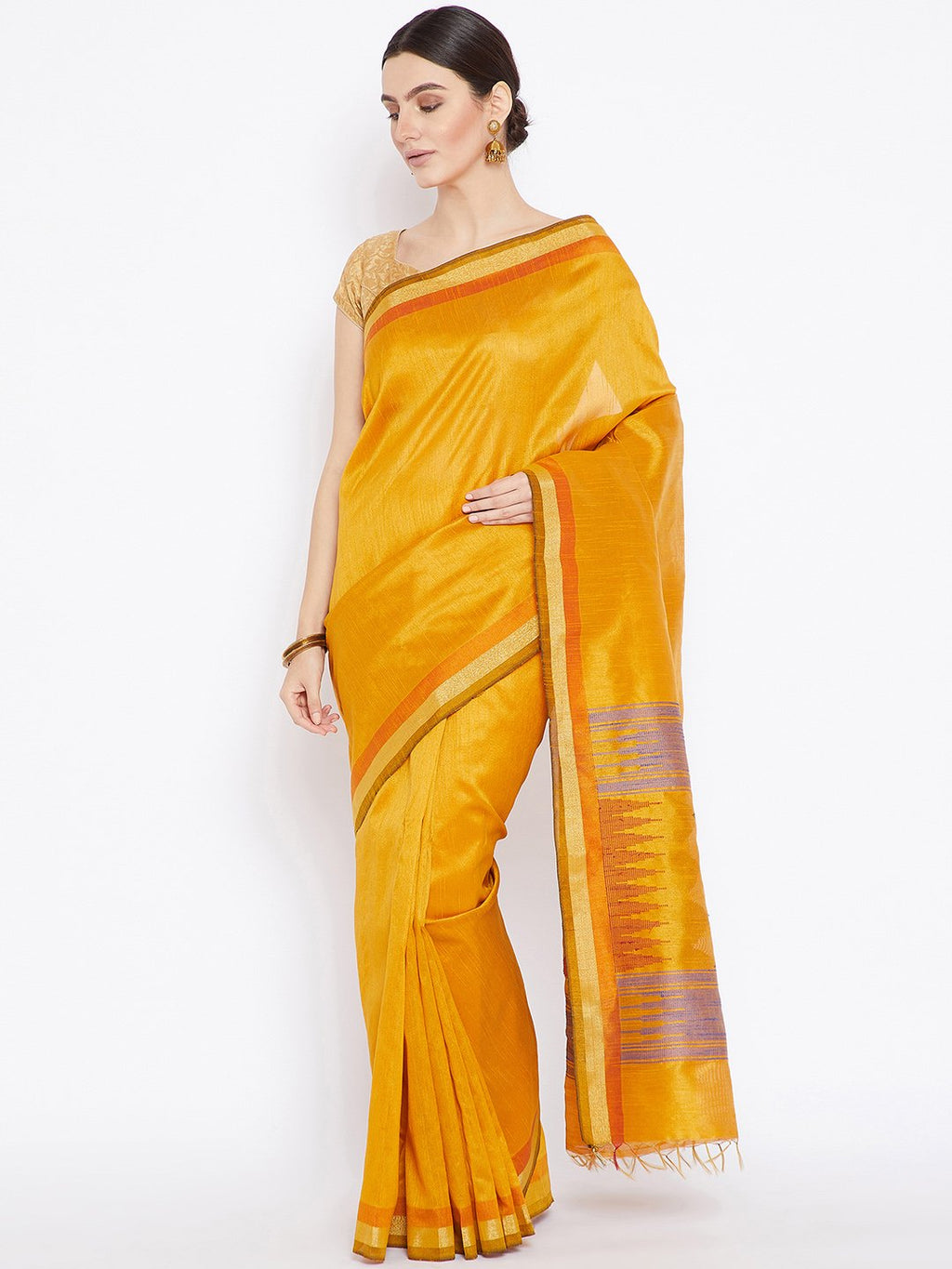 Gold-Coloured Tussar Woven Design Handloom Saree-Saree-Kalakari India-PRTUSA0009-Ahimsa Silk, Chattisgarh Kosa, Cruelty Free, Geographical Indication, Hand Woven, Sarees, Silk, Sustainable Fabrics, Traditional Weave, Tussar-[Linen,Ethnic,wear,Fashionista,Handloom,Handicraft,Indigo,blockprint,block,print,Cotton,Chanderi,Blue, latest,classy,party,bollywood,trendy,summer,style,traditional,formal,elegant,unique,style,hand,block,print, dabu,booti,gift,present,glamorous,affordable,collectible,Sari,Sar