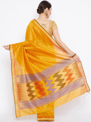 Gold-Coloured Tussar Woven Design Handloom Saree-Saree-Kalakari India-PRTUSA0009-Ahimsa Silk, Chattisgarh Kosa, Cruelty Free, Geographical Indication, Hand Woven, Sarees, Silk, Sustainable Fabrics, Traditional Weave, Tussar-[Linen,Ethnic,wear,Fashionista,Handloom,Handicraft,Indigo,blockprint,block,print,Cotton,Chanderi,Blue, latest,classy,party,bollywood,trendy,summer,style,traditional,formal,elegant,unique,style,hand,block,print, dabu,booti,gift,present,glamorous,affordable,collectible,Sari,Sar