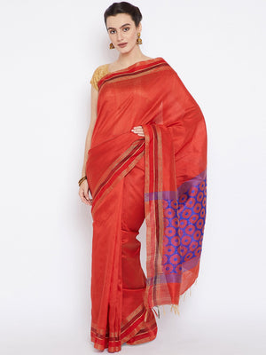 Red and Blue Tussar Woven Design Handloom Saree-Saree-Kalakari India-PRTUSA0010-Ahimsa Silk, Chattisgarh Kosa, Cruelty Free, Geographical Indication, Hand Woven, Sarees, Silk, Sustainable Fabrics, Traditional Weave, Tussar-[Linen,Ethnic,wear,Fashionista,Handloom,Handicraft,Indigo,blockprint,block,print,Cotton,Chanderi,Blue, latest,classy,party,bollywood,trendy,summer,style,traditional,formal,elegant,unique,style,hand,block,print, dabu,booti,gift,present,glamorous,affordable,collectible,Sari,Sare