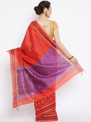 Red and Blue Tussar Woven Design Handloom Saree-Saree-Kalakari India-PRTUSA0010-Ahimsa Silk, Chattisgarh Kosa, Cruelty Free, Geographical Indication, Hand Woven, Sarees, Silk, Sustainable Fabrics, Traditional Weave, Tussar-[Linen,Ethnic,wear,Fashionista,Handloom,Handicraft,Indigo,blockprint,block,print,Cotton,Chanderi,Blue, latest,classy,party,bollywood,trendy,summer,style,traditional,formal,elegant,unique,style,hand,block,print, dabu,booti,gift,present,glamorous,affordable,collectible,Sari,Sare