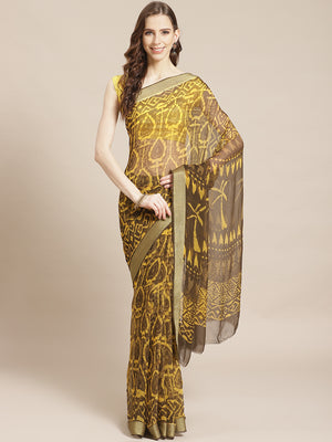 Yellow and Brown, Kalakari India Chiffon Handblock Printed Saree and Blouse RCBGSA0001-Saree-Kalakari India-RCBGSA0001-Chiffon, Geographical Indication, Hand Block, Hand Crafted, Heritage Prints, Natural Dyes, Red, Sarees, Sustainable Fabrics, Woven, Yellow-[Linen,Ethnic,wear,Fashionista,Handloom,Handicraft,Indigo,blockprint,block,print,Cotton,Chanderi,Blue, latest,classy,party,bollywood,trendy,summer,style,traditional,formal,elegant,unique,style,hand,block,print, dabu,booti,gift,present,glamoro