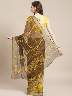 Yellow and Brown, Kalakari India Chiffon Handblock Printed Saree and Blouse RCBGSA0001-Saree-Kalakari India-RCBGSA0001-Chiffon, Geographical Indication, Hand Block, Hand Crafted, Heritage Prints, Natural Dyes, Red, Sarees, Sustainable Fabrics, Woven, Yellow-[Linen,Ethnic,wear,Fashionista,Handloom,Handicraft,Indigo,blockprint,block,print,Cotton,Chanderi,Blue, latest,classy,party,bollywood,trendy,summer,style,traditional,formal,elegant,unique,style,hand,block,print, dabu,booti,gift,present,glamoro