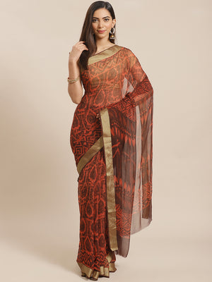 Red and Brown, Kalakari India Chiffon Handblock Printed Saree and Blouse RCBGSA0002-Saree-Kalakari India-RCBGSA0002-Chiffon, Geographical Indication, Hand Block, Hand Crafted, Heritage Prints, Natural Dyes, Red, Sarees, Sustainable Fabrics, Woven, Yellow-[Linen,Ethnic,wear,Fashionista,Handloom,Handicraft,Indigo,blockprint,block,print,Cotton,Chanderi,Blue, latest,classy,party,bollywood,trendy,summer,style,traditional,formal,elegant,unique,style,hand,block,print, dabu,booti,gift,present,glamorous,