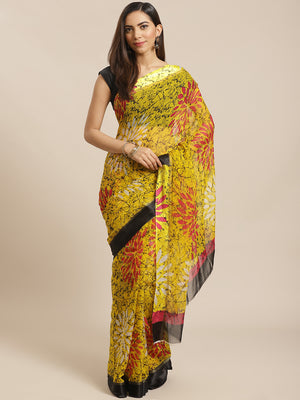 Yellow and Red, Kalakari India Chiffon Handblock Printed Saree and Blouse RCBGSA0003-Saree-Kalakari India-RCBGSA0003-Chiffon, Geographical Indication, Hand Block, Hand Crafted, Heritage Prints, Natural Dyes, Red, Sarees, Sustainable Fabrics, Woven, Yellow-[Linen,Ethnic,wear,Fashionista,Handloom,Handicraft,Indigo,blockprint,block,print,Cotton,Chanderi,Blue, latest,classy,party,bollywood,trendy,summer,style,traditional,formal,elegant,unique,style,hand,block,print, dabu,booti,gift,present,glamorous