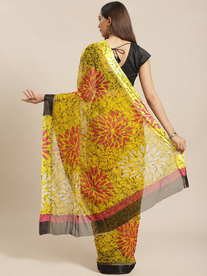 Yellow and Red, Kalakari India Chiffon Handblock Printed Saree and Blouse RCBGSA0003-Saree-Kalakari India-RCBGSA0003-Chiffon, Geographical Indication, Hand Block, Hand Crafted, Heritage Prints, Natural Dyes, Red, Sarees, Sustainable Fabrics, Woven, Yellow-[Linen,Ethnic,wear,Fashionista,Handloom,Handicraft,Indigo,blockprint,block,print,Cotton,Chanderi,Blue, latest,classy,party,bollywood,trendy,summer,style,traditional,formal,elegant,unique,style,hand,block,print, dabu,booti,gift,present,glamorous